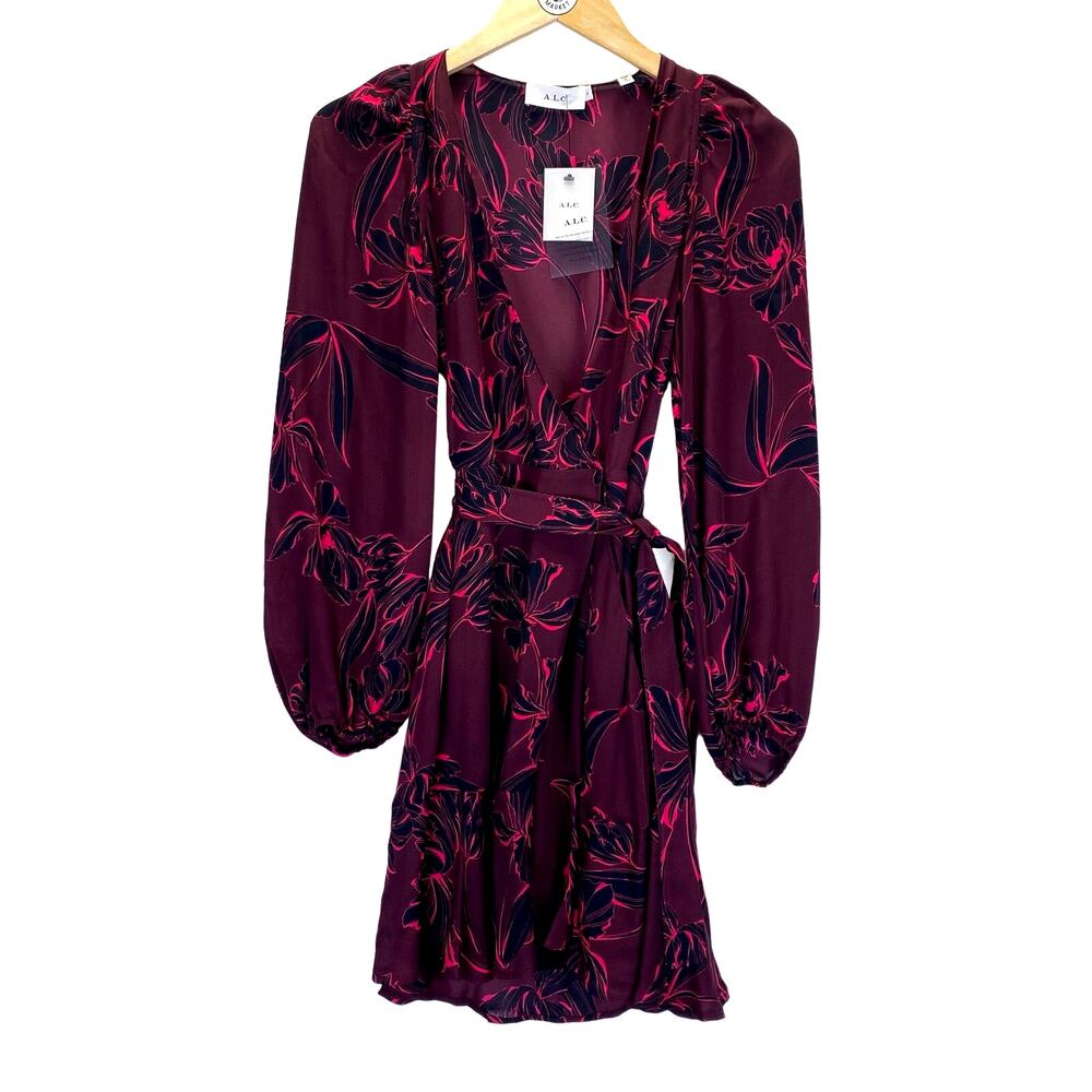 A.L.C Embry Dark Floral Print Silk Mini Wrap Dress Sz 0 Cherry Red Flounce NWT